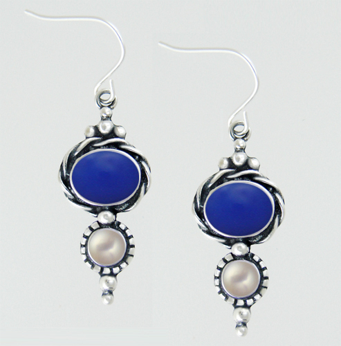 Sterling Silver Drop Dangle Earrings With Blue Onyx And Cultured Freshwater Pearl